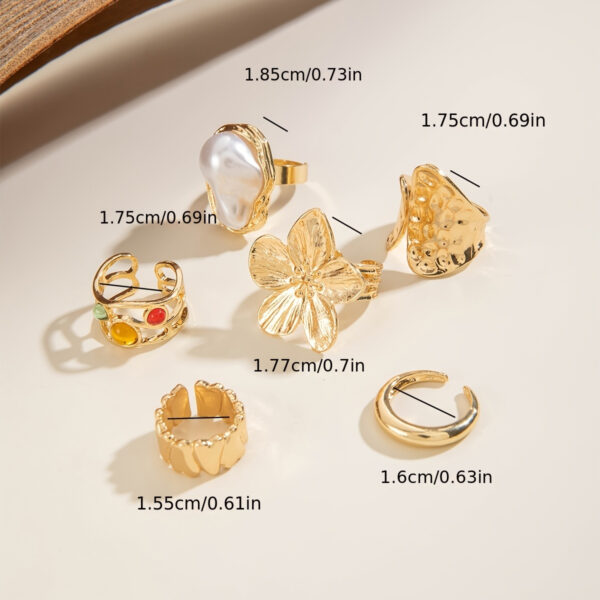 6pcs set of fashionable and flower-set Rhinestone rings, metal geometric irregular opening ring sets suitable for parties and gifts for friends - Image 4