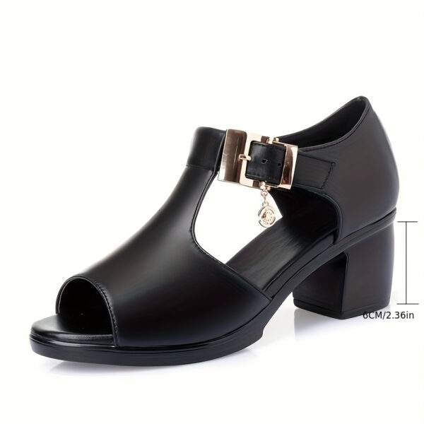 Women's Black Peep-Toe Sandals with Chunky Heel - Elegant Ankle Suspender Dress Shoes, PU Cover, Perfect for Summer - Image 5