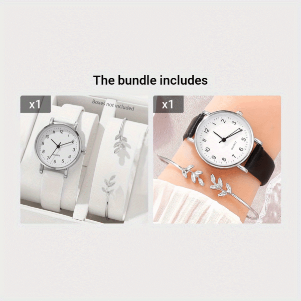 2pcs/set Women's Casual Round Pointer Quartz Watch Analog PU Leather Wrist Watch & Leaf Bangle, Gift For GirlsHer - Image 10