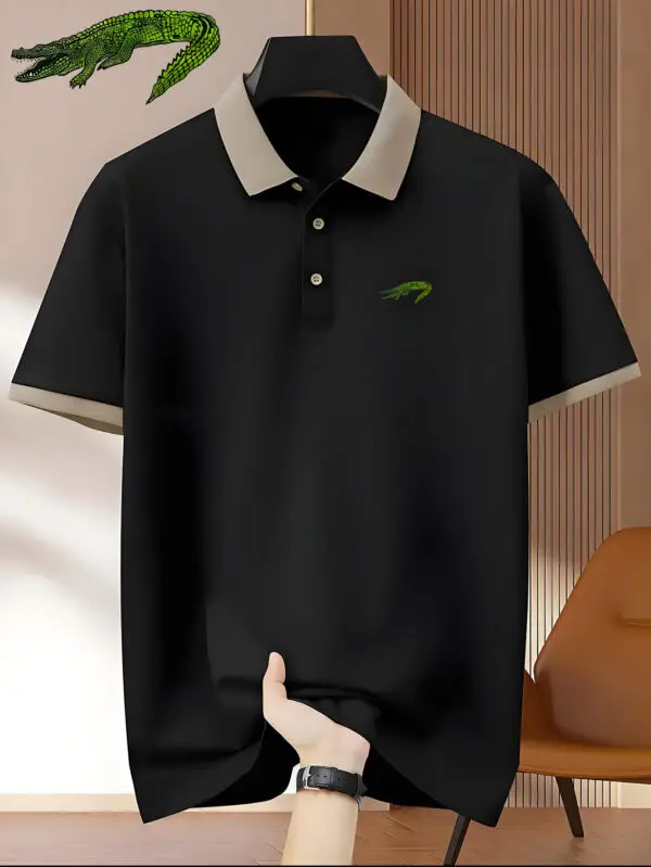 Men'S Premium Business Casual Polo Shirt - Knit Polyester Fabric, Regular Fit, Short Sleeve, Lapel Collar, Slight Stretch, Geometric Pattern with Button Detail, Summer Style - Image 3