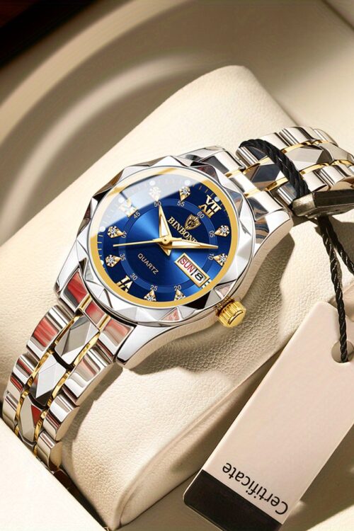 BINBOND Women’s Light Luxury Quartz Watch with Night Glow, Double Calendar, Stainless Steel Band & Blue Dial – Elegant Casual & Formal Watch for Casual Attire