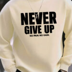 Men's Casual Sweatshirt with "Never Give Up" Print, Polyester 100% Knit Fabric, Elastic Round Neck, Regular Fit Long Sleeve Hoodie Top - Image 2