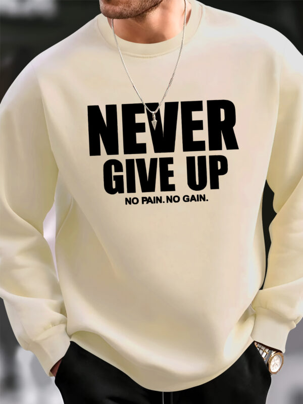Men's Casual Sweatshirt with "Never Give Up" Print, Polyester 100% Knit Fabric, Elastic Round Neck, Regular Fit Long Sleeve Hoodie Top - Image 2