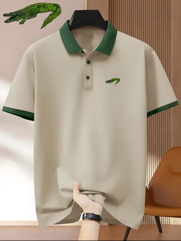 Men'S Premium Business Casual Polo Shirt - Knit Polyester Fabric, Regular Fit, Short Sleeve, Lapel Collar, Slight Stretch, Geometric Pattern with Button Detail, Summer Style - Image 5