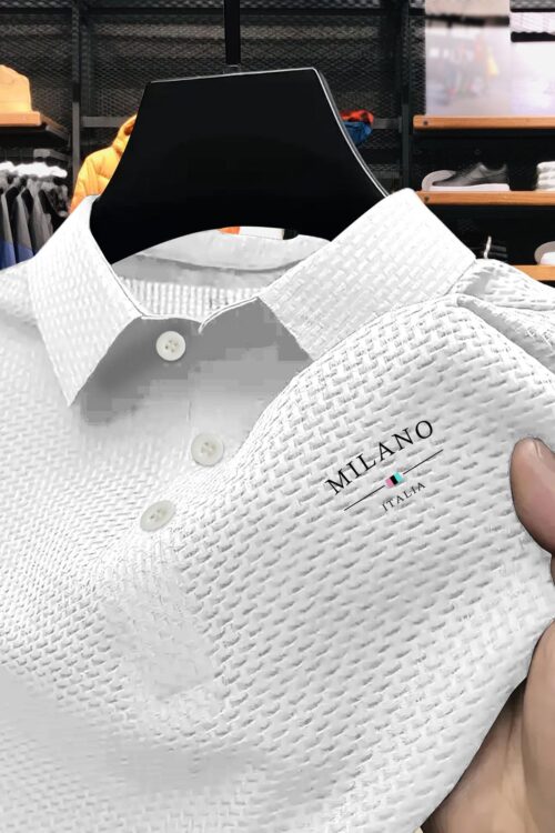 Men’s Milan Print Short Sleeve Golf Shirt – Breathable, Stretch Fabric, Button- Collar, Lightweight Business Casual Style for Summer, Tennis & Golf Training