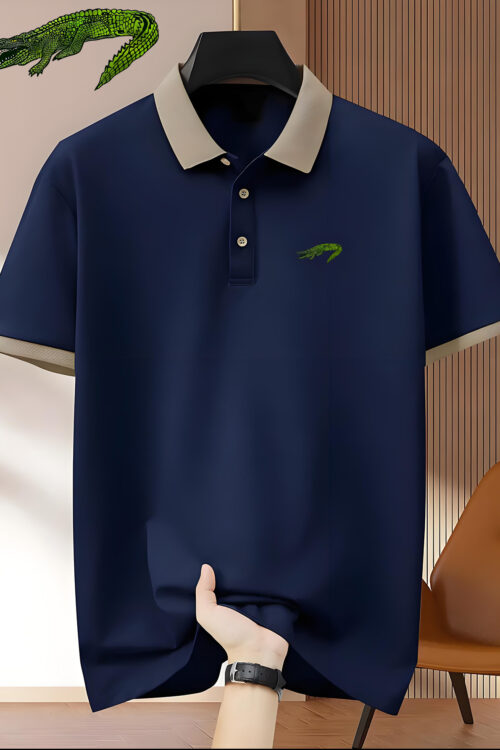 Men’S Premium Business Casual Polo Shirt – Knit Polyester Fabric, Regular Fit, Short Sleeve, Lapel Collar, Slight Stretch, Geometric Pattern with Button Detail, Summer Style