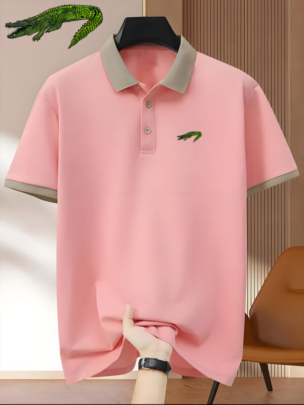 Men'S Premium Business Casual Polo Shirt - Knit Polyester Fabric, Regular Fit, Short Sleeve, Lapel Collar, Slight Stretch, Geometric Pattern with Button Detail, Summer Style - Image 2