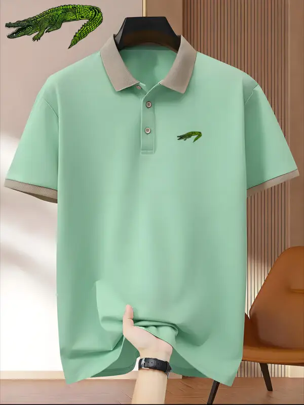 Men'S Premium Business Casual Polo Shirt - Knit Polyester Fabric, Regular Fit, Short Sleeve, Lapel Collar, Slight Stretch, Geometric Pattern with Button Detail, Summer Style - Image 4